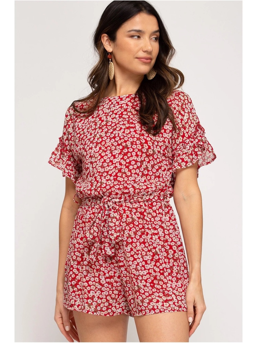 She + Sky Floral Short Sleeve Romper with Tie Waist